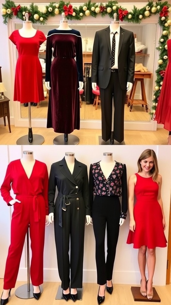 Stylish Christmas party outfits for women in their 40s displayed on mannequins with holiday decorations.